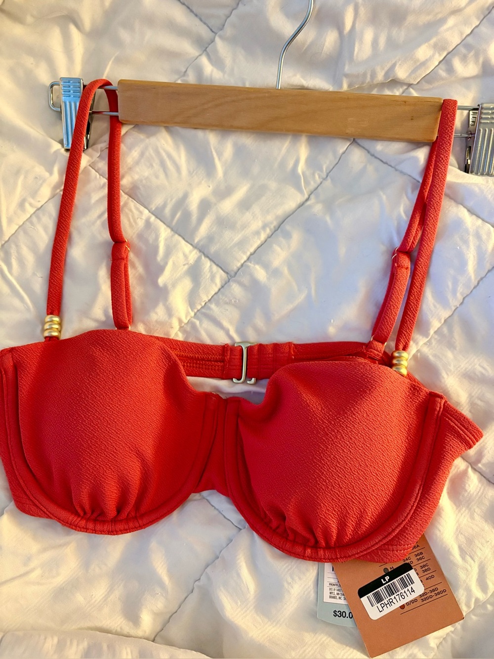 Shade & Shore Coral Crepe Underwire Bikini Top with Gold Bead Detail NWT